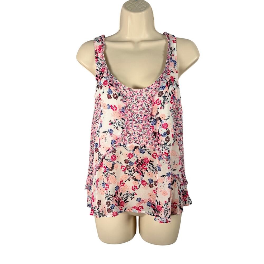 French Connection Top 2 Pink Multi Floral Chiffon Raw Edge Tank Twee Coquette
